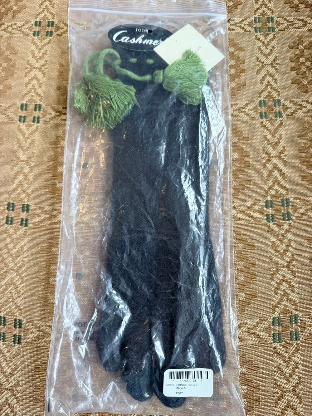 Cole Haan 100% Cashmere Fringe Gloves Black w/ Green Tassels NWT